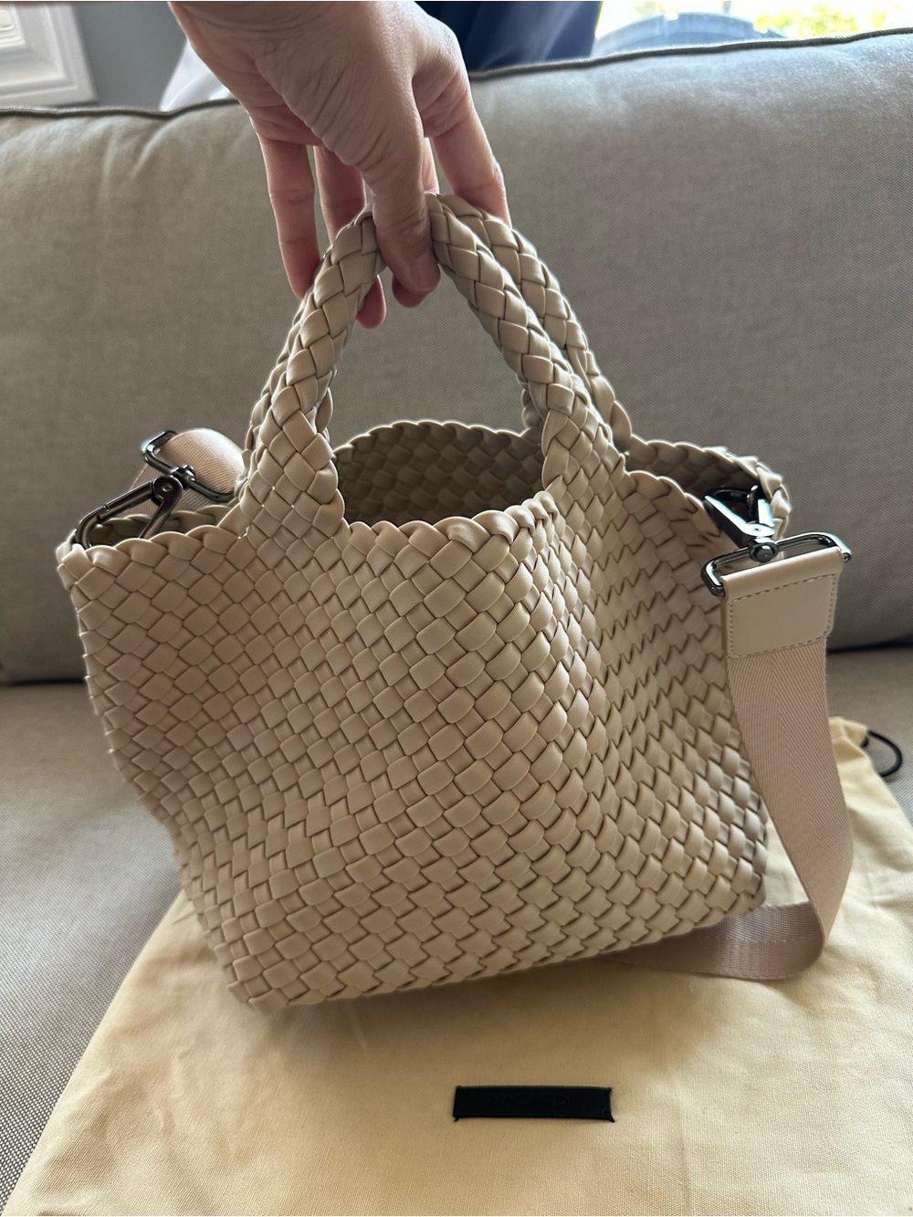 Naghedi St. Barths Mini Solid Ecru Woven Crossbody with matching zip pouch
